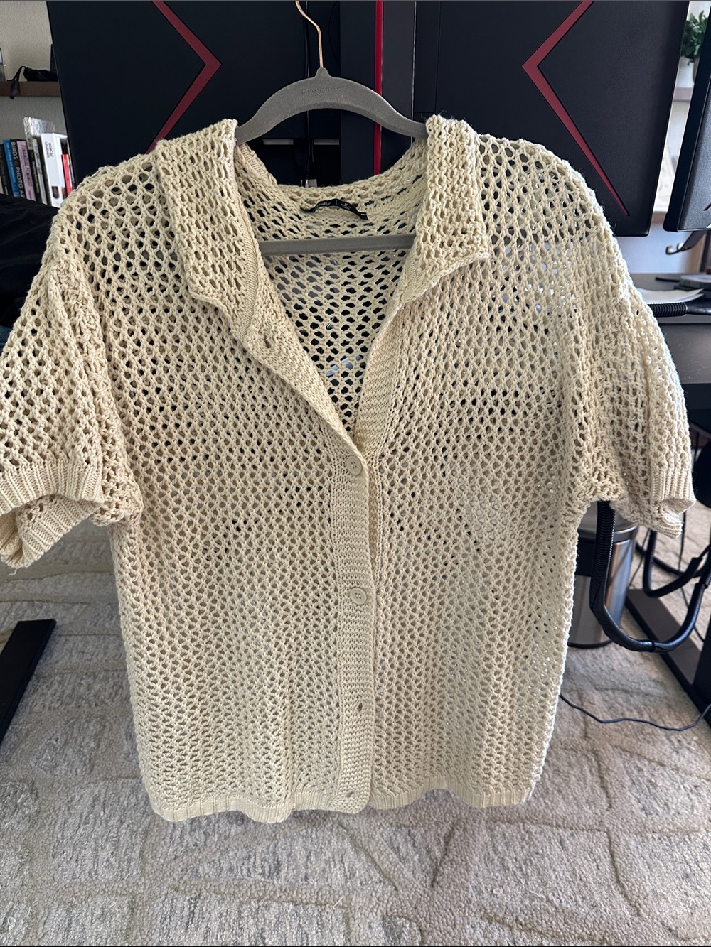 Crocheted Open Weave Button-Up Cardigan - Cream